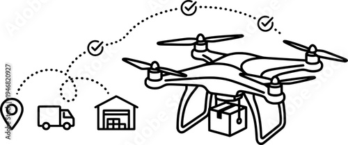 Delivery Drone Vector - Autonomous Quadcopter Package Transport with GPS Line Art Design
