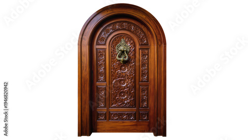 Isolated beautifully carved wooden arched main entrance door with ornate metal knocker