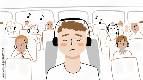 Teenage boy enjoying music on a flight, lost in his own world, with fellow passengers in background