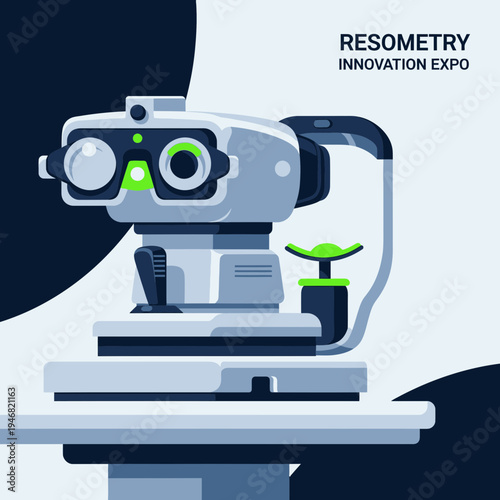 Modern Resometry Innovation Expo Illustration Showcasing Advanced Ophthalmic Diagnostic Equipment
