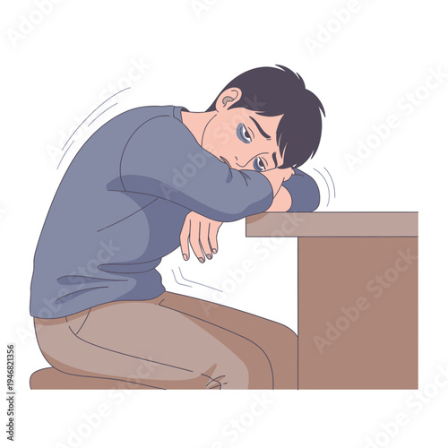 A poignant illustration of a man experiencing profound exhaustion and emotional distress, slumped over a table with dark circles, conveying feelings of burnout, fatigue, and mental struggle