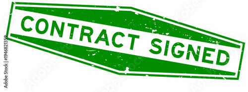 Grunge green contract signed word hexagon seal stamp on white background
