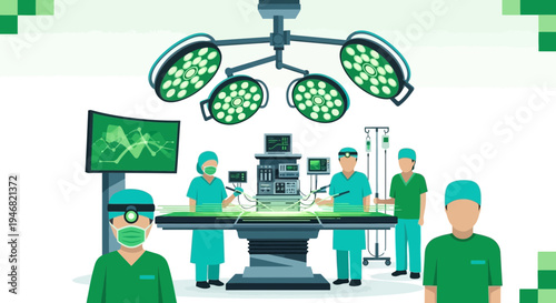 Modern Surgical Room Illustration Showcasing Medical Team in a Sterile Operating Theater Environment
