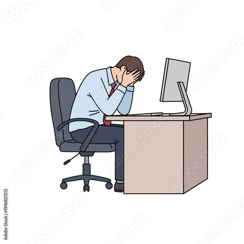 An office worker feeling overwhelmed and stressed, covering his face in frustration at his desk beside a computer, illustrating concepts of burnout, emotional exhaustion, and despair in the workplace