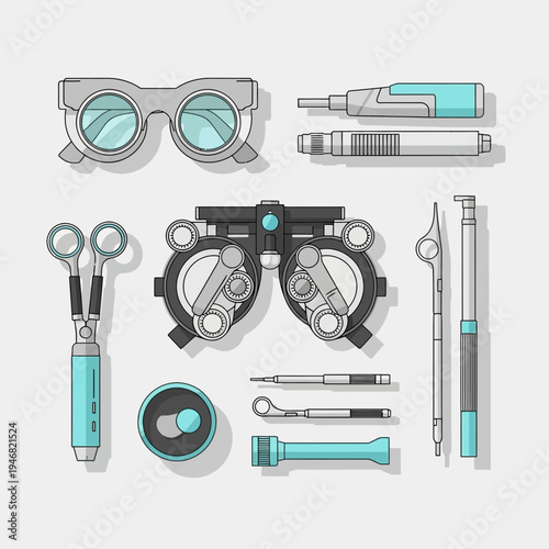 Modern Vector Illustration of Optometry Equipment for Vision Care and Eye Health Professionals