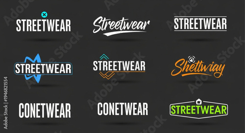 Streetwear logo designs with various typography styles and graphic elements, showcasing urban fashion and branding concepts.