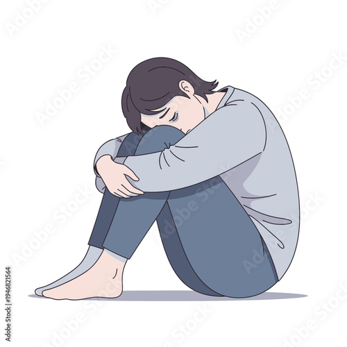 Vector illustration of a person curled in a vulnerable fetal position, symbolizing deep sadness, emotional distress, loneliness, anxiety, depression, and mental health challenges