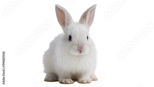 Isolated adorable fluffy white baby rabbit sitting and looking directly at camera curiously