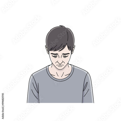 Depressed man looking down, with a feeling of sadness and loneliness, isolated on white background