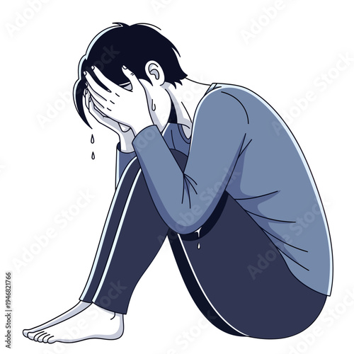 A poignant illustration depicting a person overcome with profound sadness, sitting with their face in hands, tears falling, symbolizing deep emotional pain, despair, and silent mental health struggles