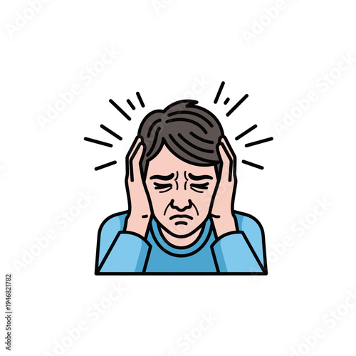 Person experiencing intense headache, stress, or pain, clutching their head with eyes closed and furrowed brow, surrounded by radiating lines indicating discomfort or pressure