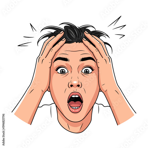 Expressive cartoon illustration of a shocked individual with hands on head and mouth agape, conveying extreme surprise, panic, or distress