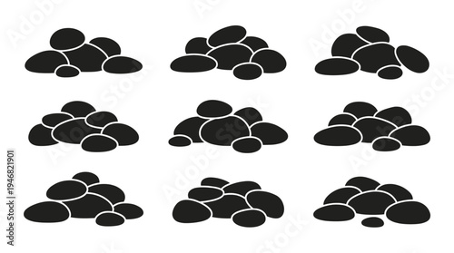 A set of simple black vector icons depicting piles of stones. Minimalist graphic elements for design, nature themes, landscaping, or spa concepts. Clean and modern.