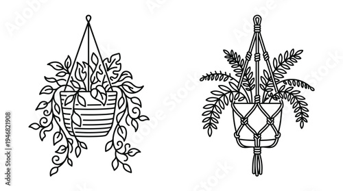 Two minimalist black line art illustrations of hanging potted houseplants in a boho style. Perfect vector for botanical decor, craft projects, branding, or natural lifestyle content.