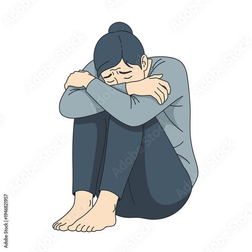 Illustration depicting a woman curled up in a fetal position, conveying feelings of sadness, loneliness, or despair