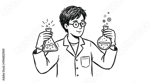 An enthusiastic young scientist holds two lab flasks, one showing discovery sparks and the other gears. Ideal for educational, scientific, and innovation concepts, symbolizing research and progress.