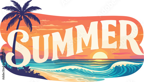 Summer beach vacation poster with tropical palm trees and ocean waves