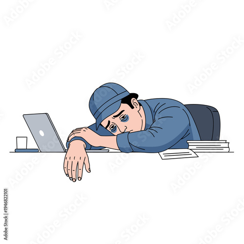Overworked construction worker feeling exhausted at his desk with a laptop and papers, appearing tired and unwell