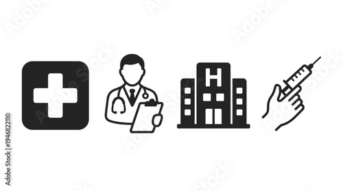 A vector set of essential medical icons: first aid cross, doctor, hospital building, and syringe. Ideal for healthcare-related designs and information graphics.