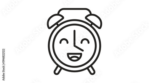 This cheerful vector icon depicts a happy alarm clock, symbolizing good morning, punctuality, and time management. Ideal for apps, websites, or presentations needing a positive time concept.