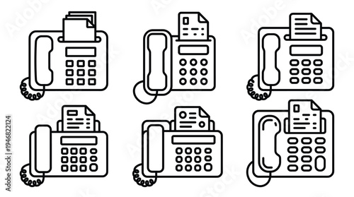 Vector set of modern line art fax machine icons, representing business communication, office technology, and information exchange. Perfect for UI, web, apps, and print design.