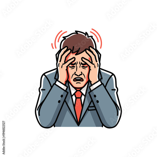 Professional man struggling with intense mental stress, severe headache, and overwhelming pressure, visibly frustrated and burdened by emotional distress and anxiety