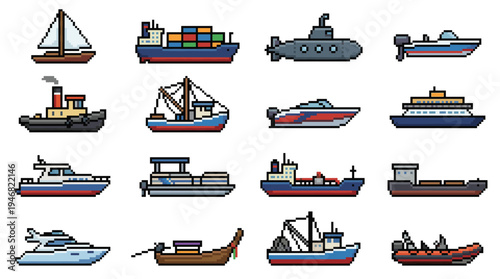 Diverse pixel art watercraft set for games, apps, or educational content. Features various boats and ships in a retro 8-bit style, perfect for nostalgic designs.