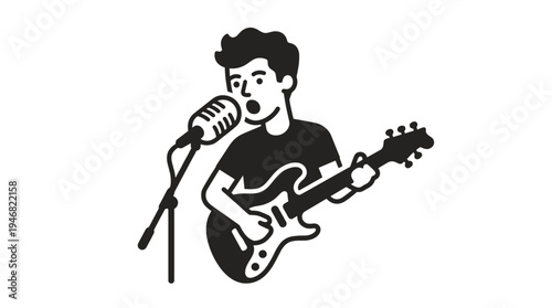 A male singer plays electric guitar and sings into a microphone. This simple music icon is great for a band logo, concert poster, or entertainment graphic. Vector illustration.