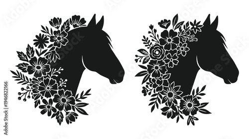 Two graceful black horse head silhouettes adorned with intricate floral designs, perfect for nature-inspired logos, rustic branding, crafts, or digital art projects. Elegant vector illustration.