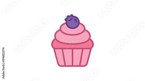 A charming flat vector icon of a pink cupcake topped with a purple blueberry. Perfect for food blogs, baking projects, party invitations, or dessert menus.