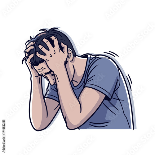Vector illustration of a man clutching his head in profound distress, depicting overwhelming anxiety and mental struggle, a powerful visual representation of despair and frustration