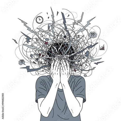 Intense mental overwhelm abstractly depicted as a person grappling with a chaotic storm of thoughts, stress, and anxiety, illustrating the profound weight of emotional pressure