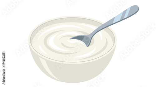 Minimalist vector graphic featuring a bowl of fresh, healthy yogurt with a silver spoon. Ideal for food packaging, wellness apps, and culinary designs.