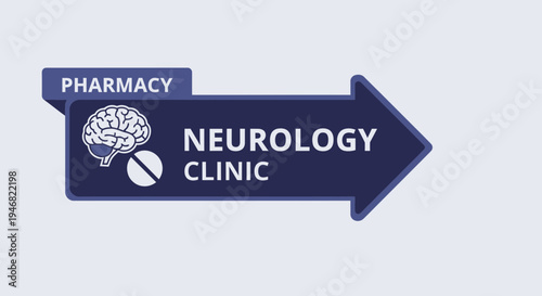 Neurology Clinic Sign with Pharmacy, Brain Symbol, and Medical Pill Icon