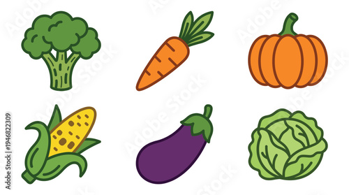 A vibrant collection of diverse vector vegetable icons including broccoli, carrot, pumpkin, corn, eggplant, and cabbage. Ideal for healthy food blogs, recipes, and organic grocery designs.