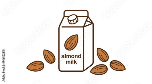 Minimalist vector art of an almond milk carton with scattered almonds. Ideal for food blogs, health promotions, packaging design, and allergy-friendly product representation.