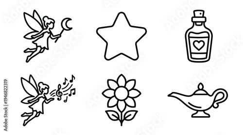 This vector set features charming outline icons: flying fairies, a star, love potion, flower, and genie lamp. Ideal for whimsical designs and magical projects.