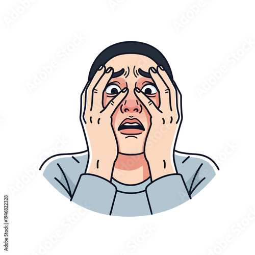 Shocked and scared person clutching their head in disbelief and fear, wide eyes, illustrating an extreme emotional reaction and panic