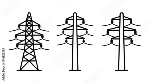 Clean vector icons featuring various electricity transmission pylons and utility poles. Representing power and infrastructure, suitable for infographics, web, and presentations.