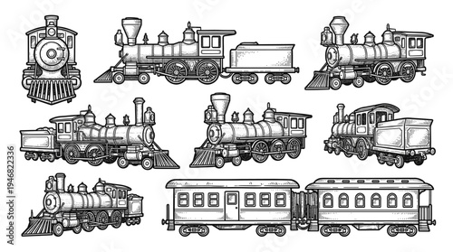 Collection of vintage steam train locomotives and passenger cars in classic engraving style. Ideal for historical themes, transportation designs, educational content, or retro branding.