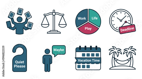 Versatile vector icons illustrating work-life balance, deadlines, vacation, technology overload, and decision-making. Perfect for business, lifestyle, and personal development concepts.