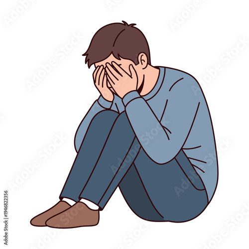 Depressed person sitting alone on the floor, head in hands, expressing deep sorrow. An illustration symbolizing mental health struggles, despair, grief, and emotional pain