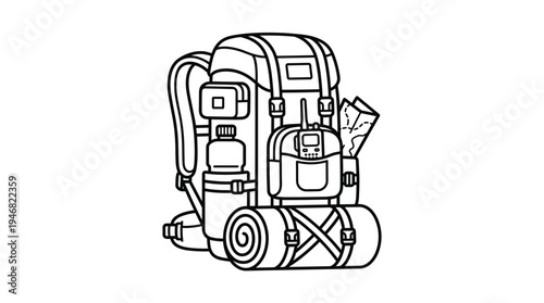 Detailed outline vector illustration of a hiking backpack equipped with outdoor essentials like a water bottle, radio, map, and sleeping bag. Ideal for adventure, travel, and camping themes.