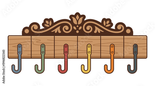 Charming vector illustration of a wooden key holder or coat rack with ornate top and six colorful hooks. Perfect for home decor, organization, or DIY concepts.