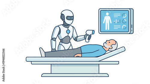 A futuristic white robot performs a medical examination on an elderly patient lying on a clinic table, using a digital thermometer. Ideal for AI, healthcare, and technology concepts.