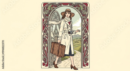 Vintage illustration of a woman traveler with luggage.