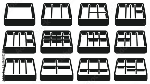 Collection of black vector icons showing rectangular trays with various internal dividers and compartments. Ideal for UI, infographics, and organization themes.