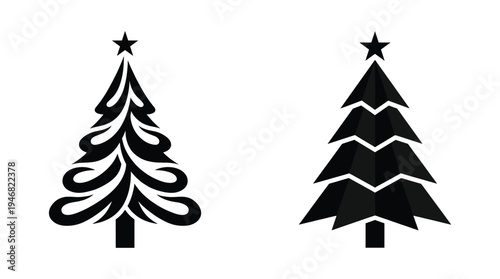 A set of versatile black Christmas tree icons. One abstract, flowing design and one geometric, segmented style, each topped with a star. Ideal for festive holiday vector designs.