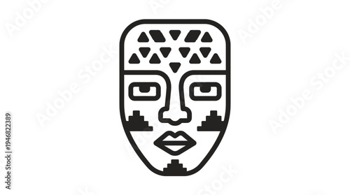 Minimalist black outline vector icon of an ancient African tribal mask. Ideal for cultural designs, travel blogs, apps, websites, or educational content requiring ethnic symbols.