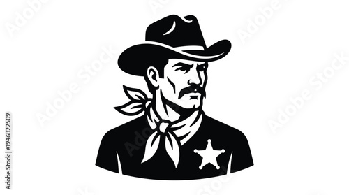 Black and white vector illustration of a classic Western cowboy sheriff with a hat, mustache, bandana, and star badge. Ideal for vintage, wild west, law enforcement, or retro branding.